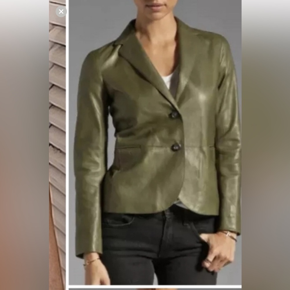 Vince Olive Green Single Button Fitted Leather Jacket size 2